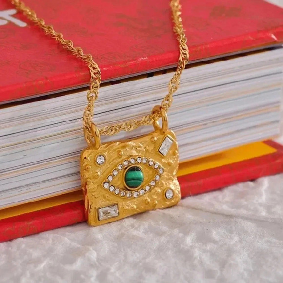 Malachite 18KGold Plated Stainless Steel Waterproof Protect Eyes Necklace - Picture 4 of 10